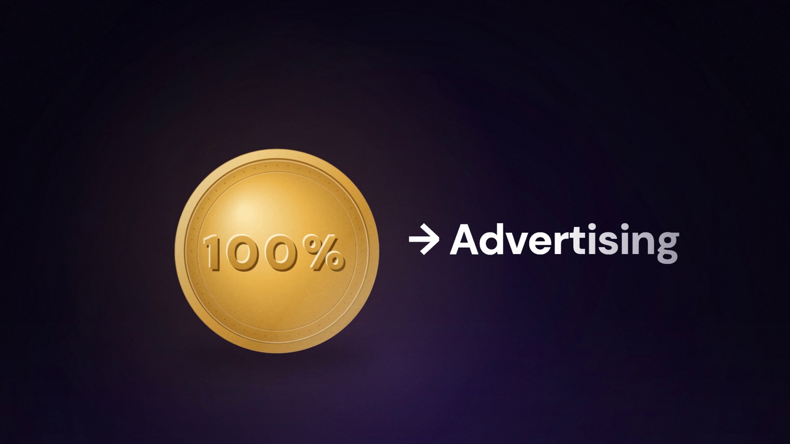 Quantum, Follow the Dollar: a gold coin stamped 100% next to the word Advertising on a deep purple field