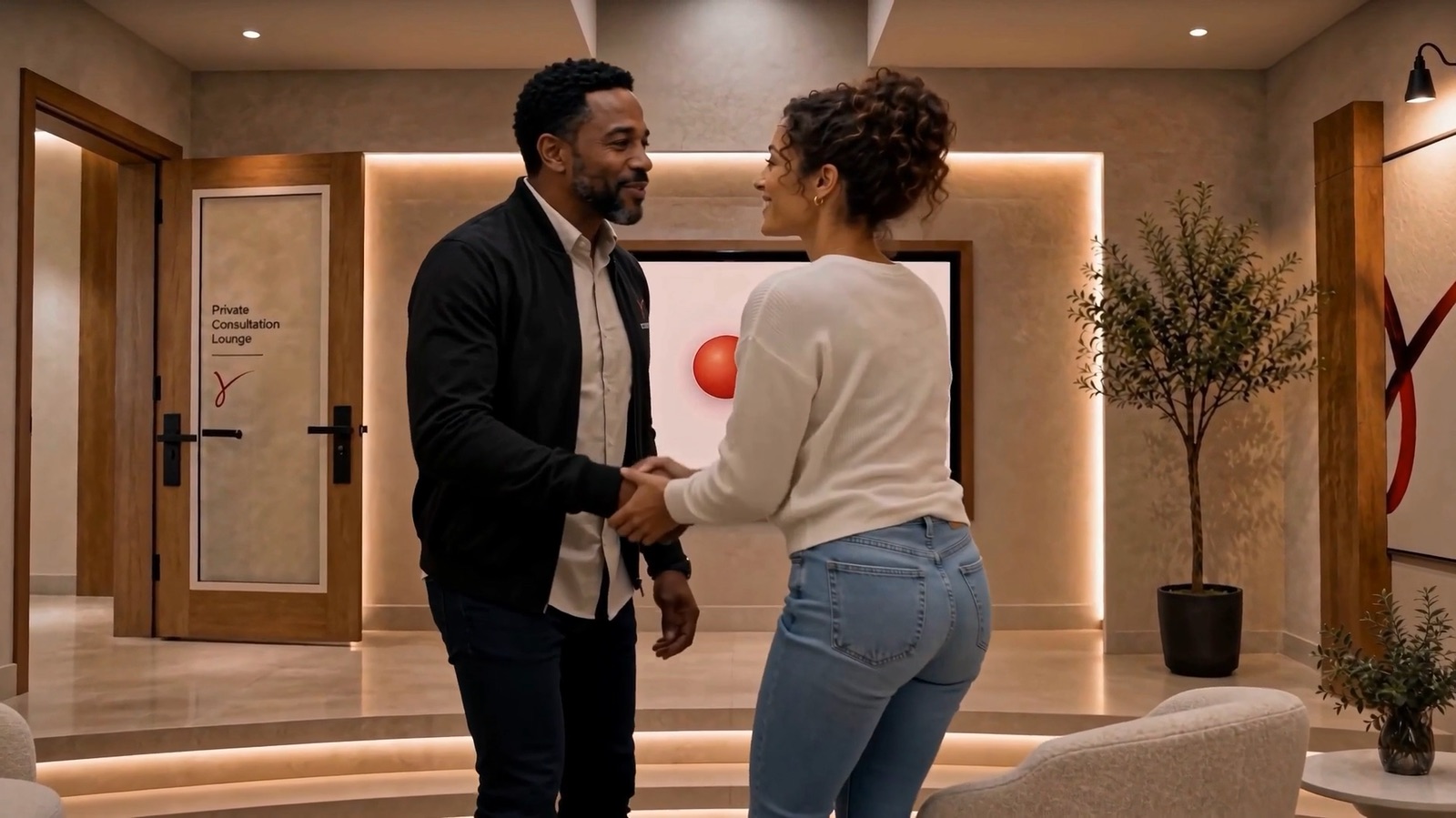 A frame from the Growth Loop sizzle reel: an advisor greets a customer in a warm consultation lounge