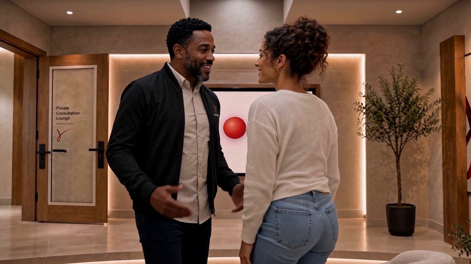 YOUNITY still: a human advisor greets the customer at the lounge door